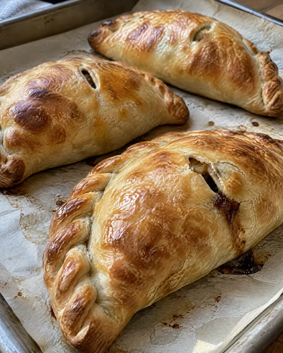 Golden baked Cornish pasties with rope crimped edges on a baking sheet