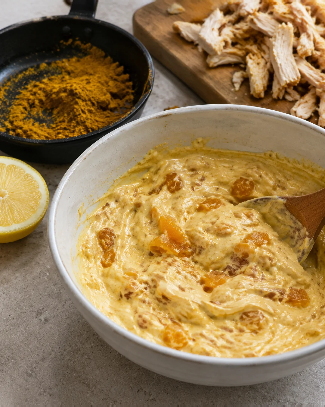 Mild curry mayonnaise sauce with chopped apricots for coronation chicken