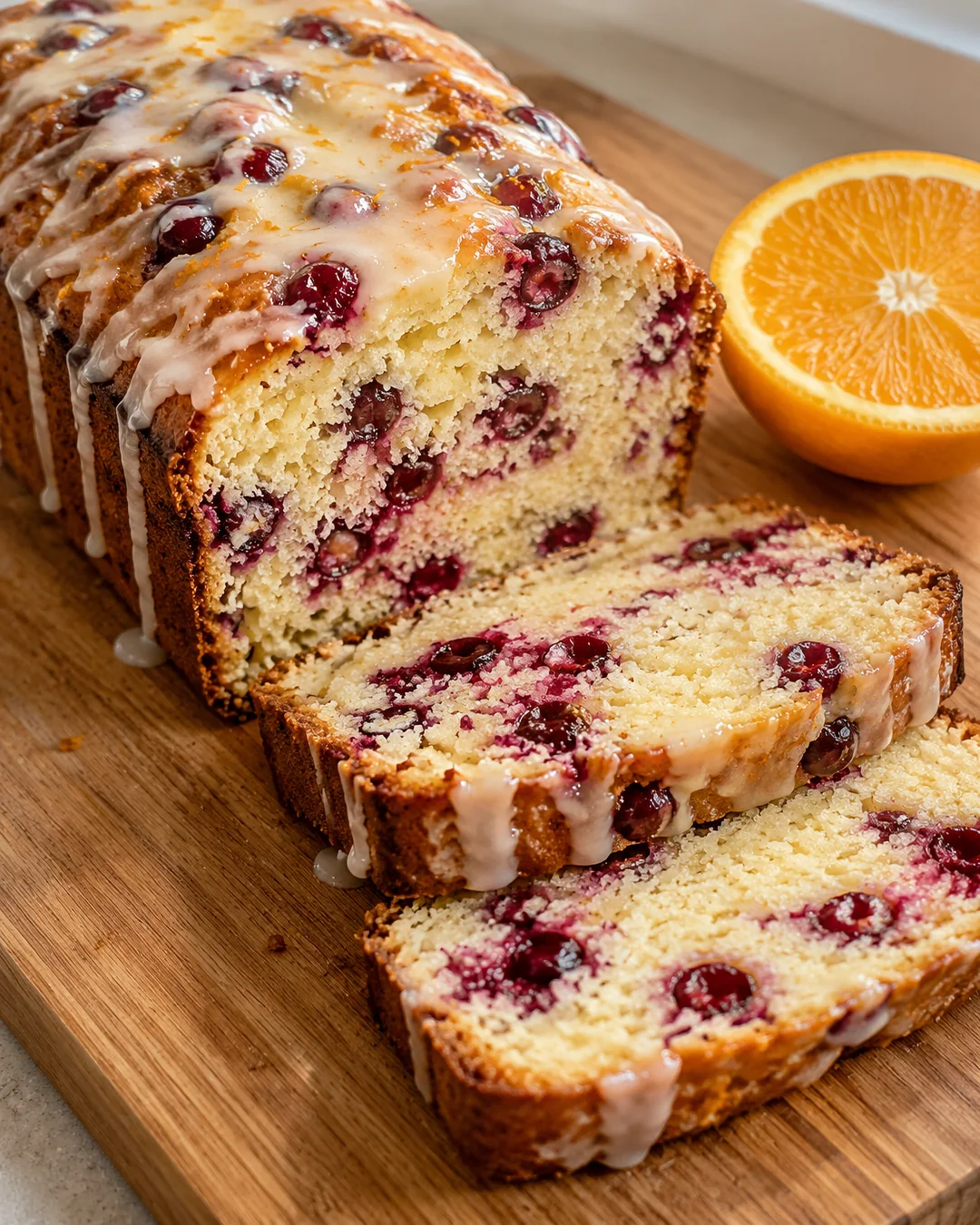 Sliced cranberry orange bread with orange glaze on a cutting board