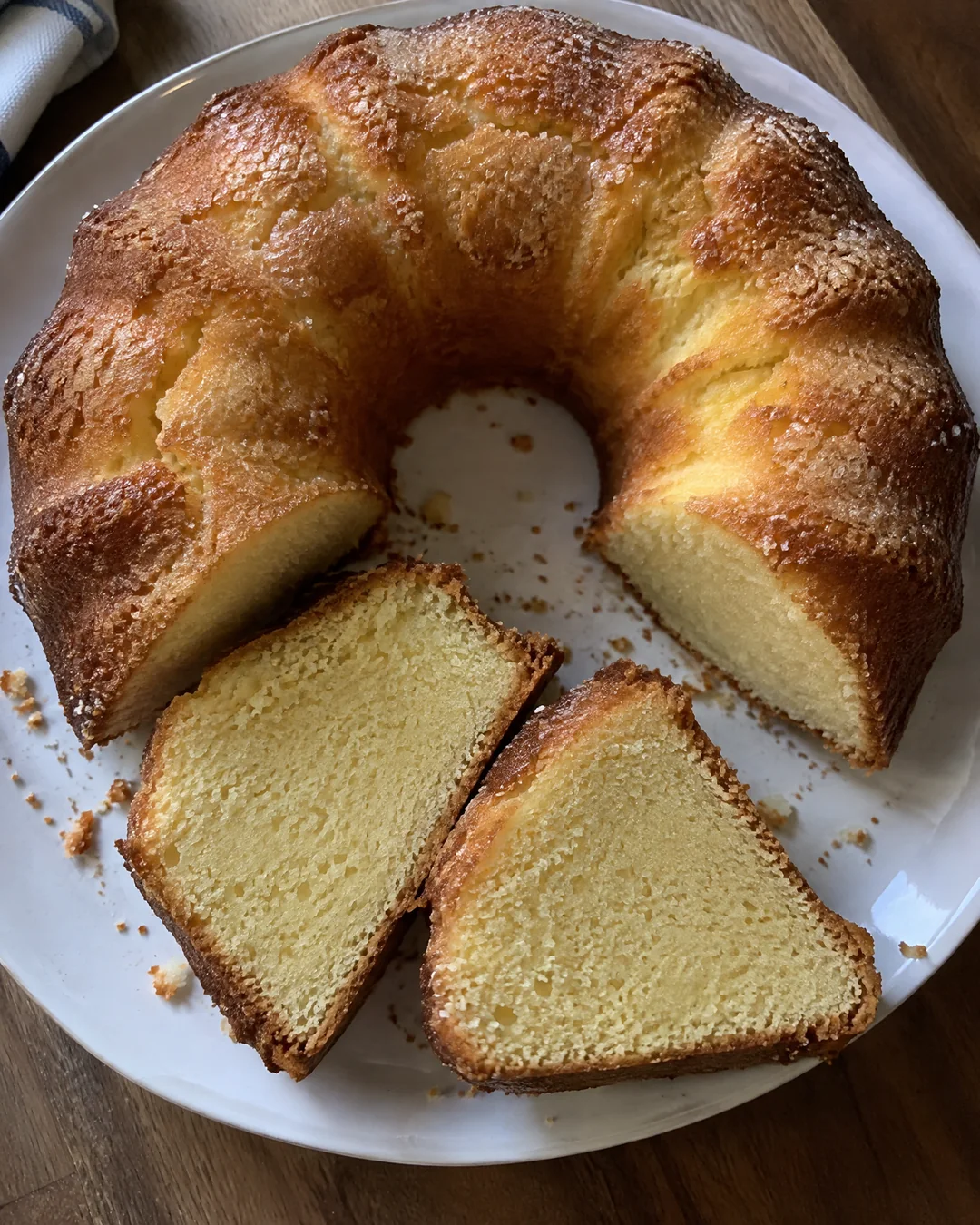 A whole cream cheese pound cake seen from above with its thin crackled sugar crust and two slices cut