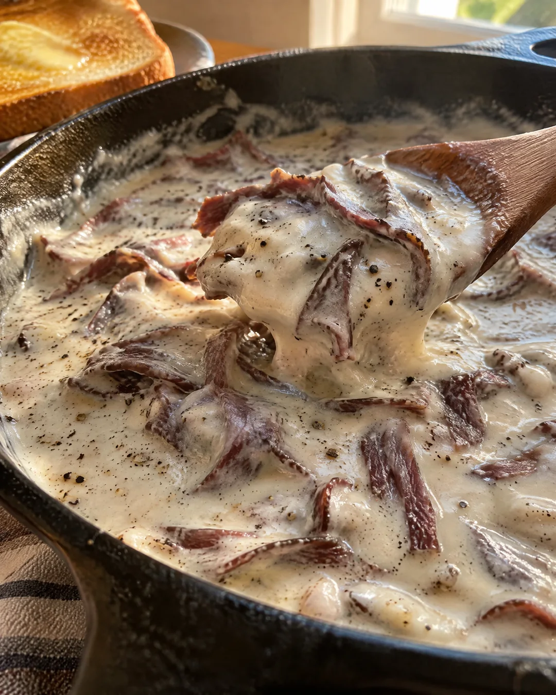Creamed chipped beef in a skillet, thick white peppery sauce with ribbons of dried beef