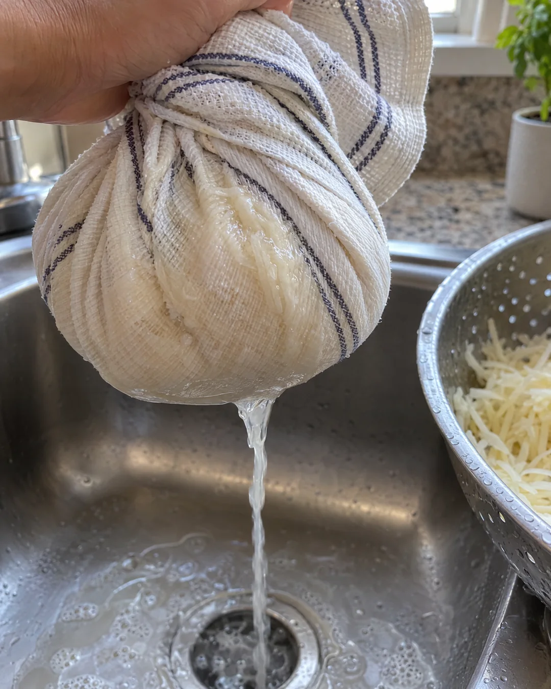 Grated potatoes being wrung dry in a kitchen towel over a sink