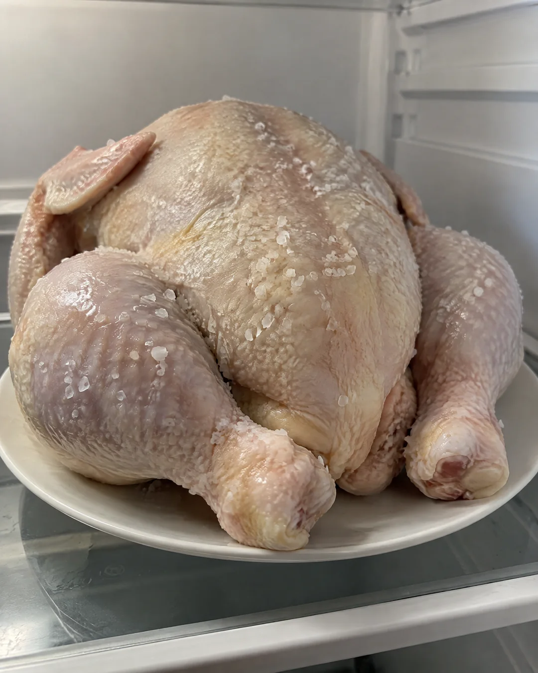 Salted whole chicken drying uncovered on a plate