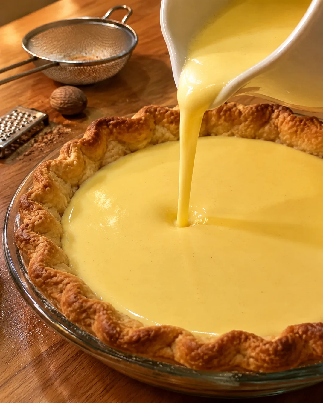 Custard being poured into a partly baked pie crust