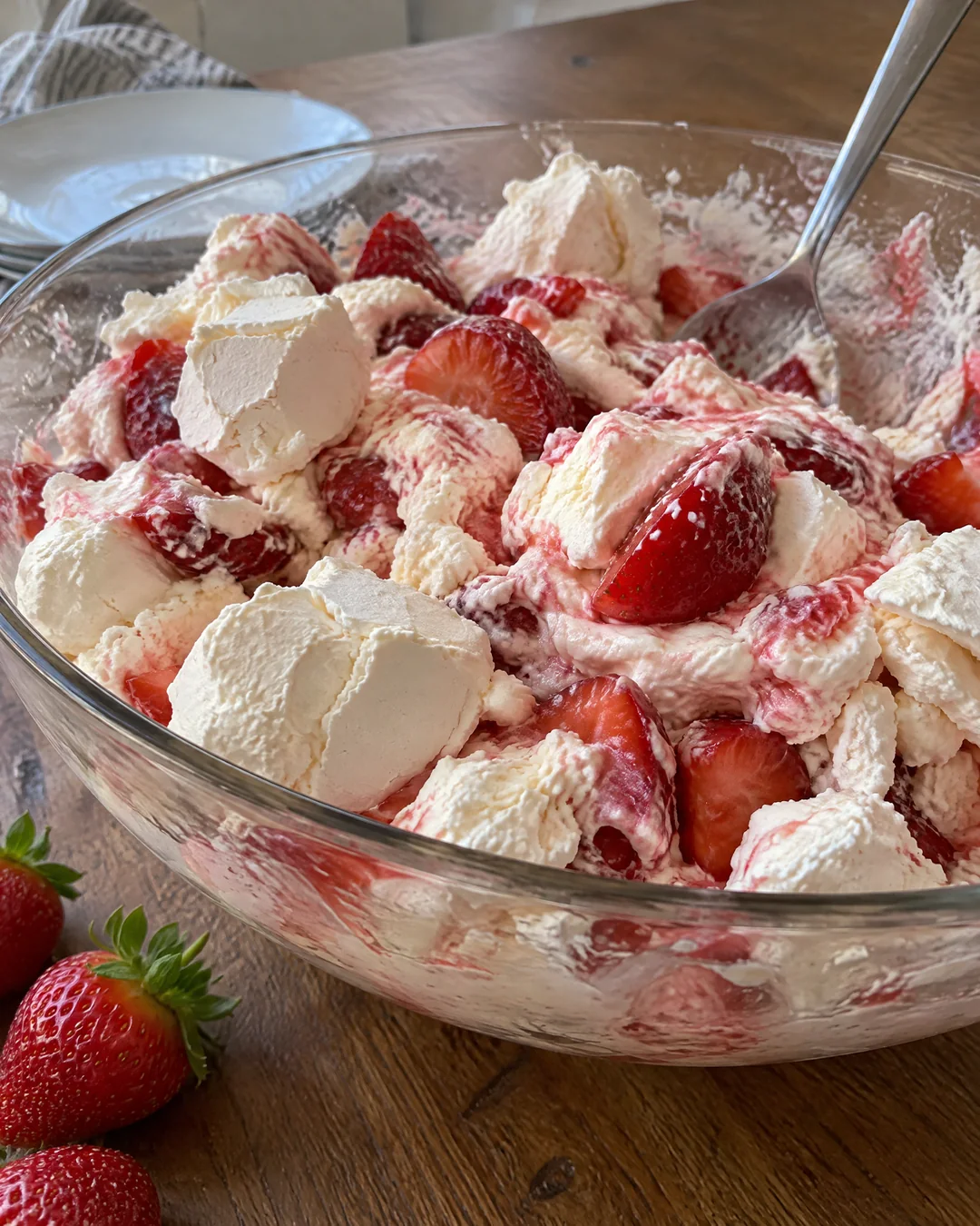 Eton mess folded together in a glass bowl