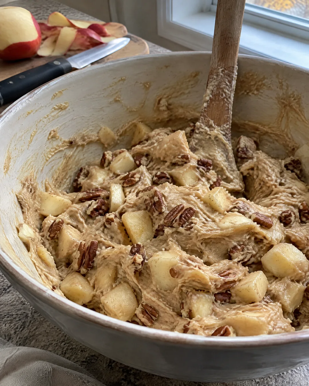 Thick fresh apple cake batter full of chopped apples and pecans in a mixing bowl with a wooden spoon