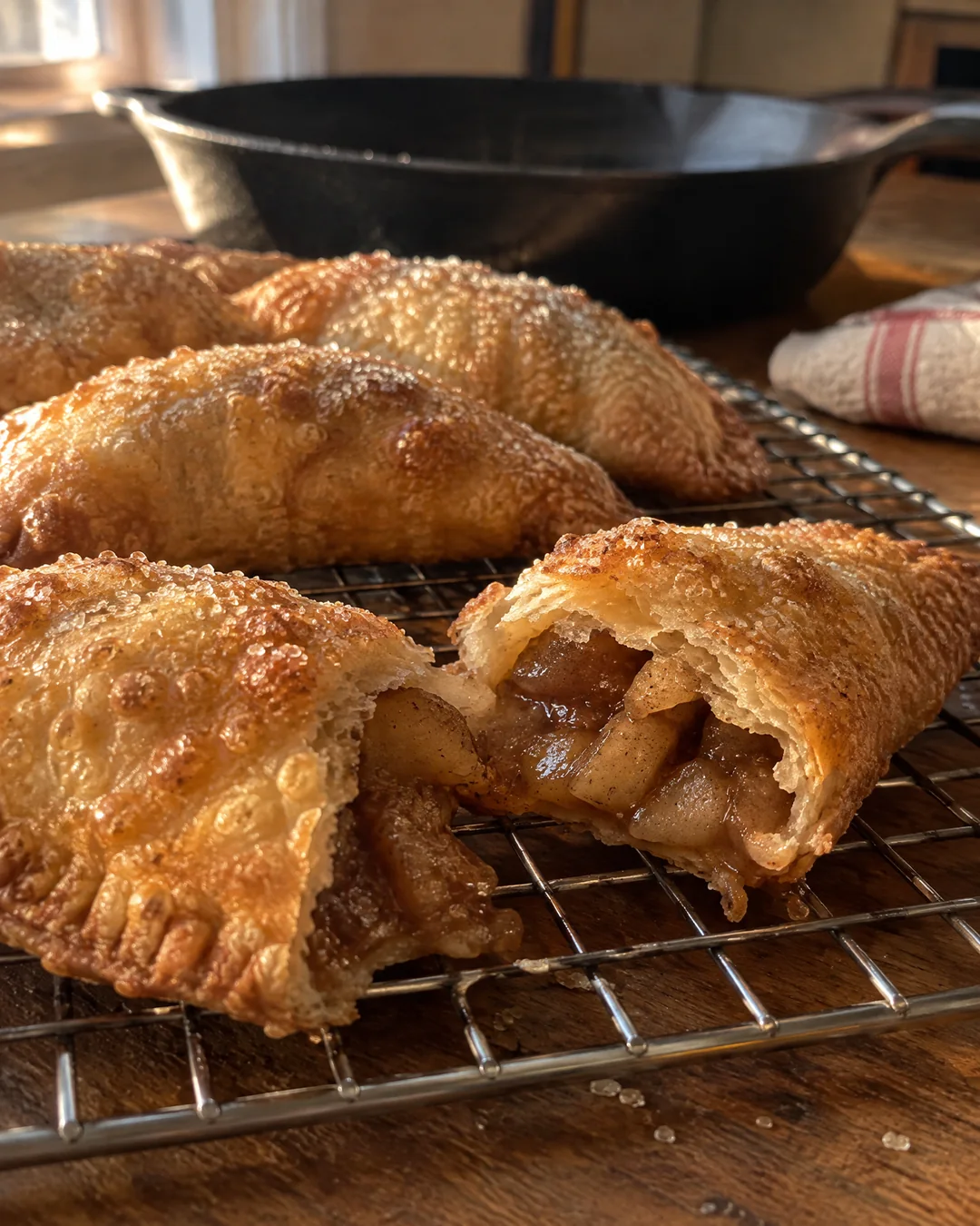 Golden fried apple pies cooling on a wire rack, one broken open to show the thick dark filling