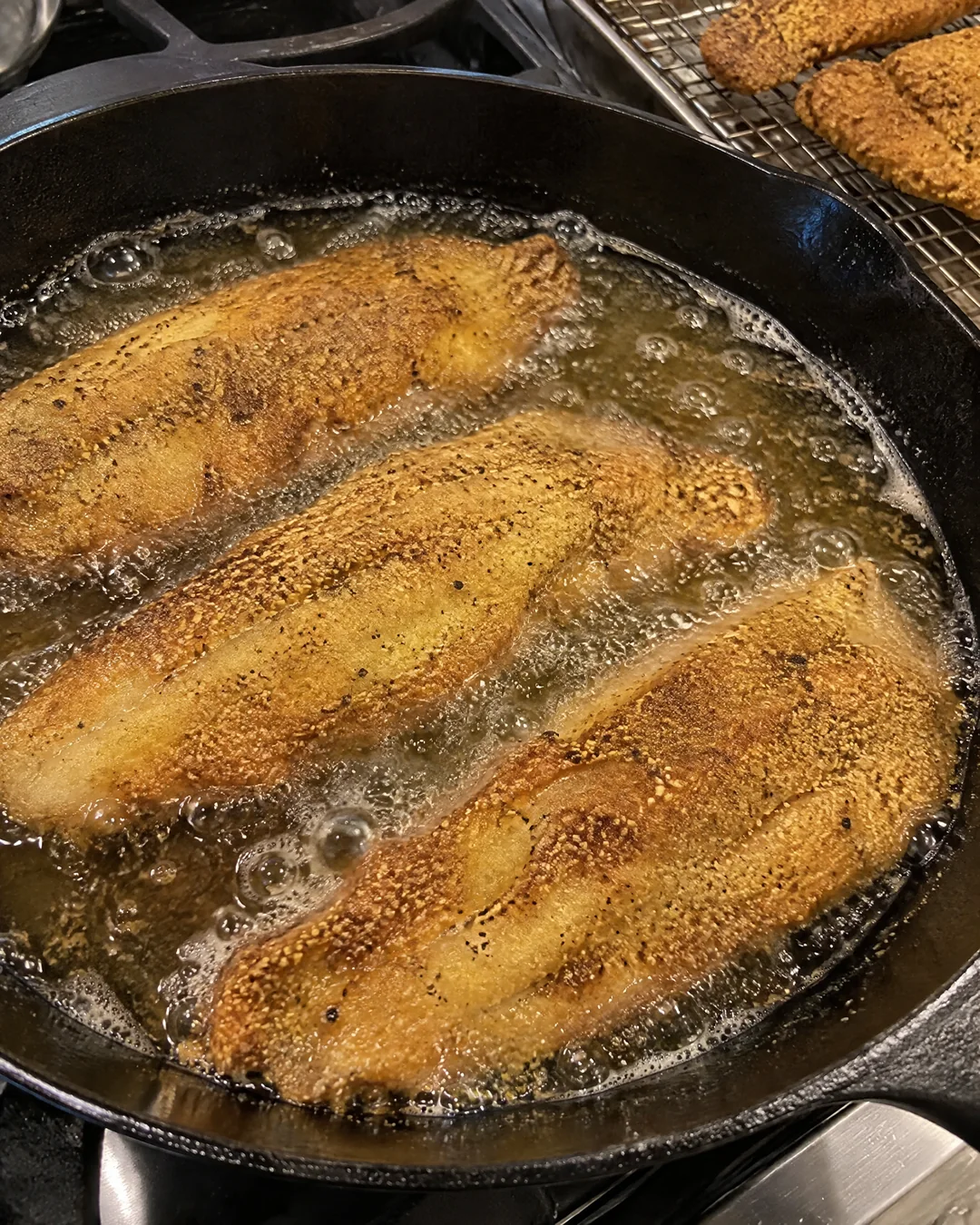 Cornmeal-crusted catfish fillets frying in an inch of oil in a black cast iron skillet