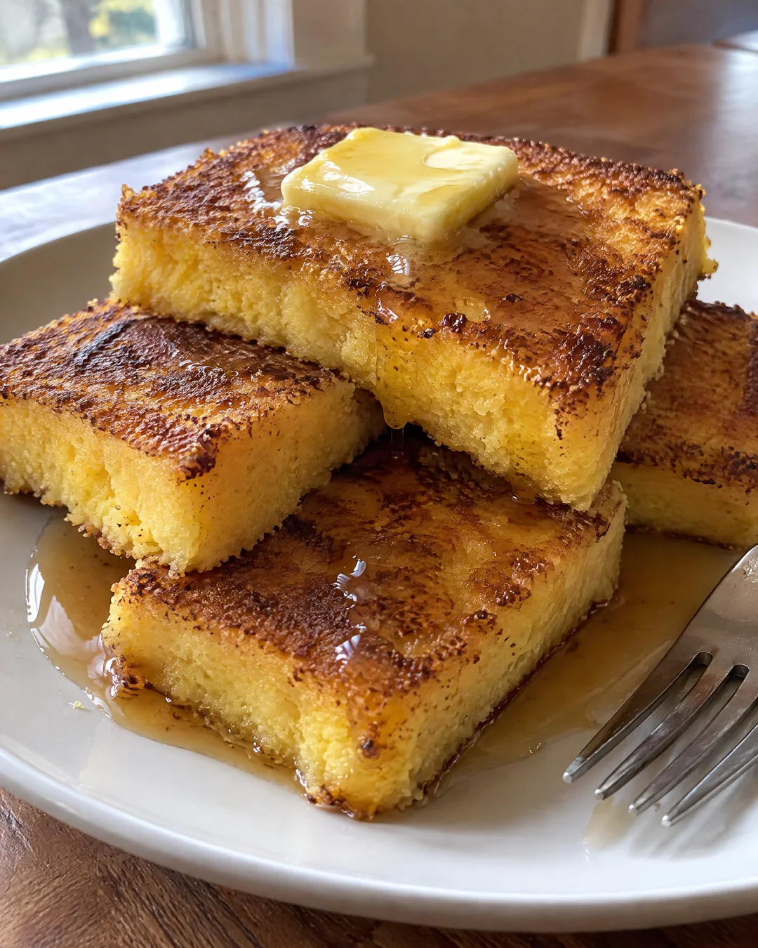 Fried cornmeal mush slices with crisp golden crusts on a plate, butter melting and syrup pooling around them