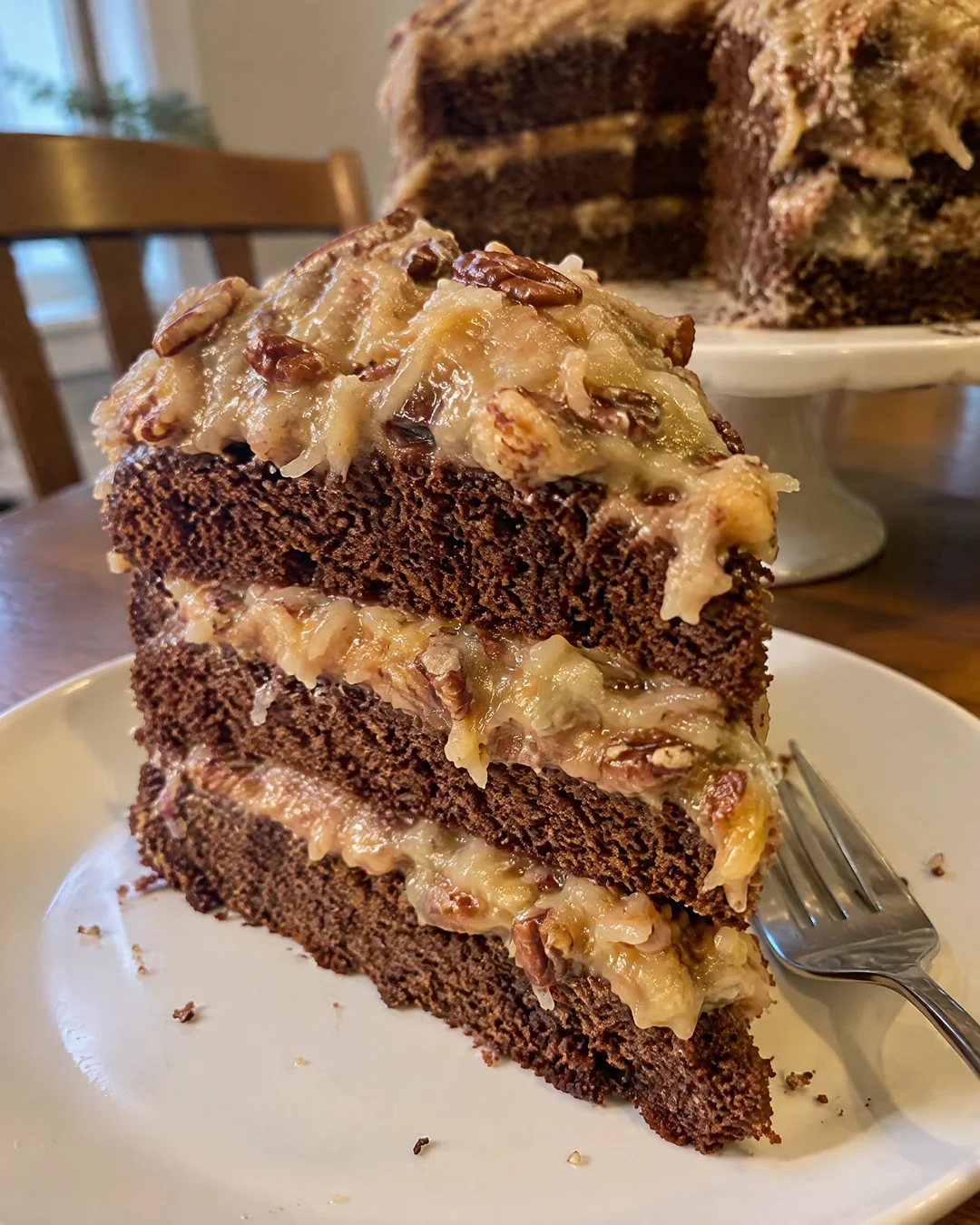 A tall slice of three-layer German chocolate cake with coconut pecan frosting between the layers and on top, sides bare