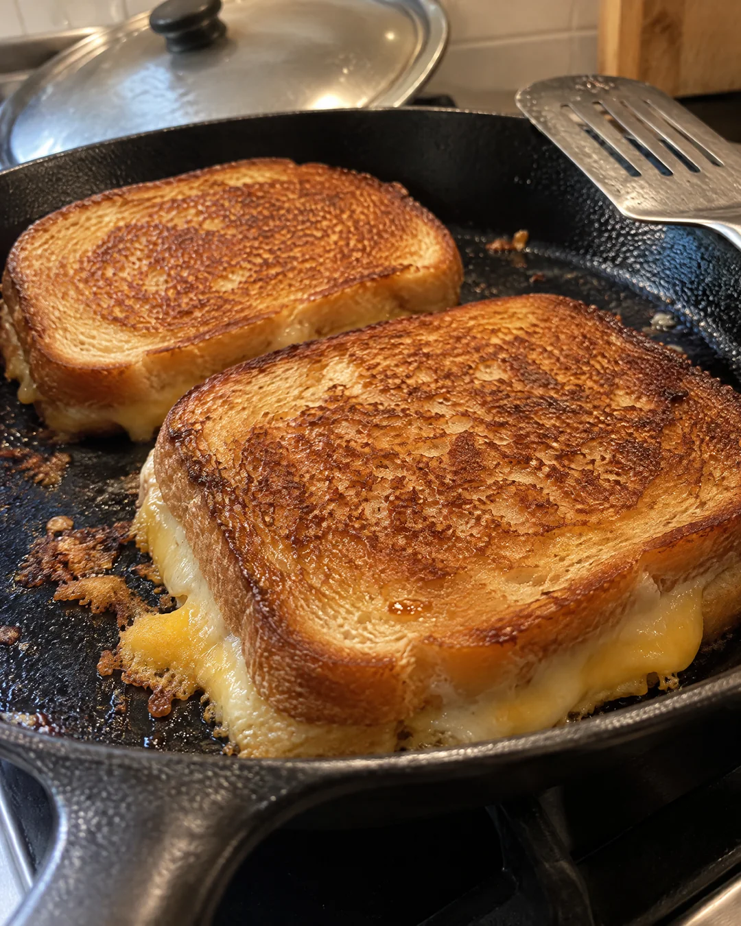 Two golden grilled cheese sandwiches in a cast iron skillet