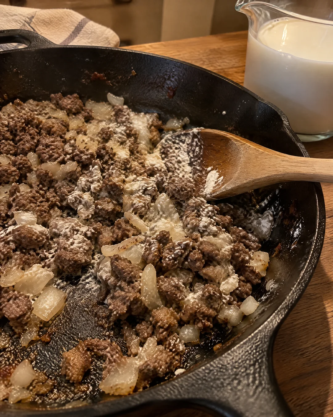 Browned ground beef and onion in a skillet with flour stirred in