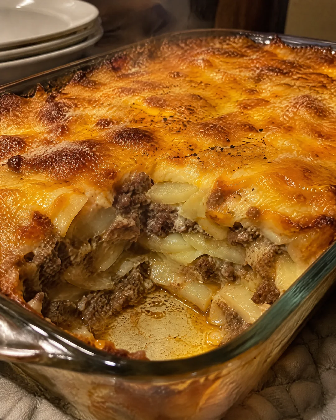 Hamburger potato casserole with a golden cheddar top
