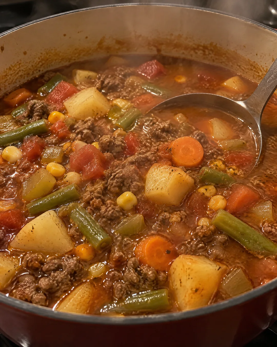 Pot of hamburger soup with potatoes, carrots, green beans and corn