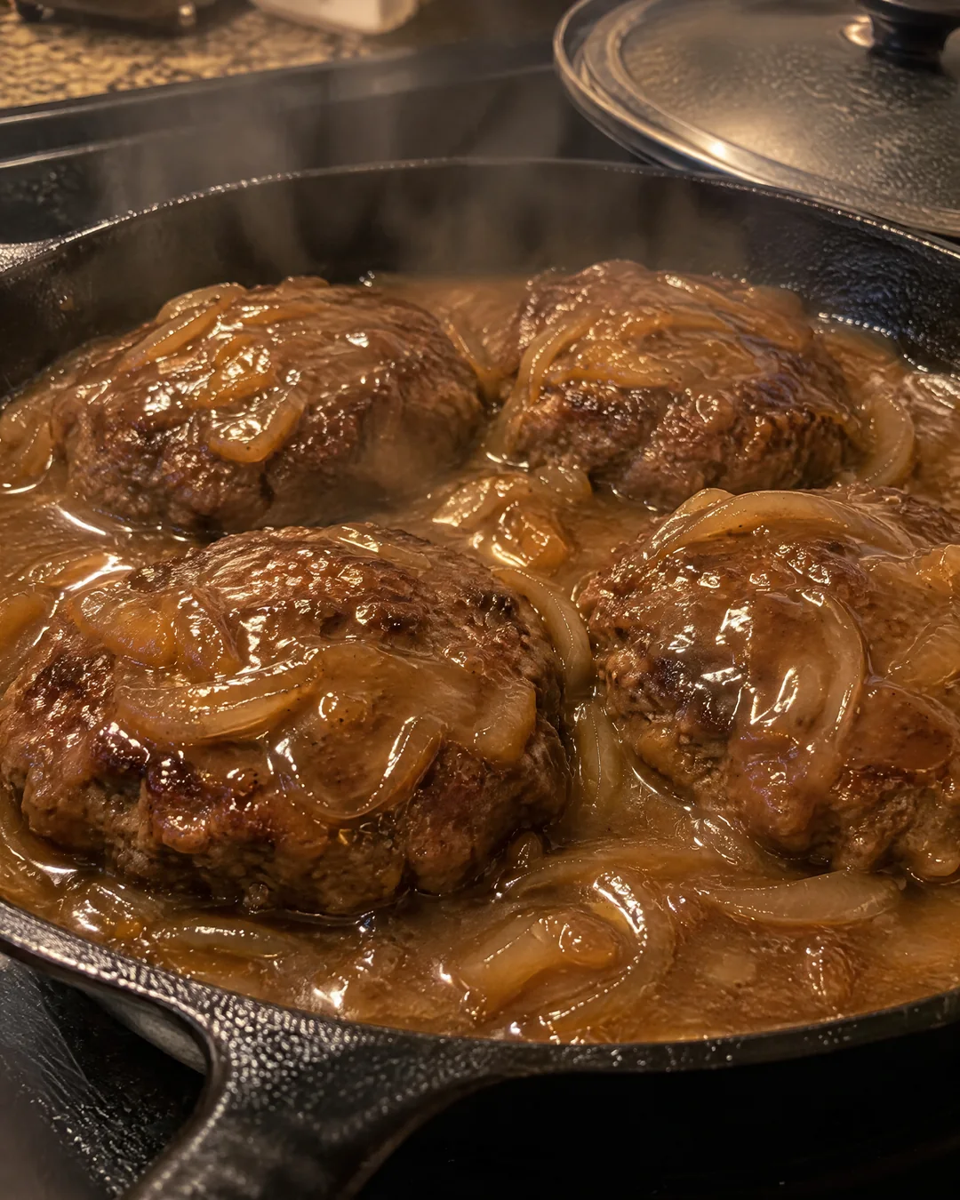 Hamburger steaks simmering in brown onion gravy in a cast iron skillet