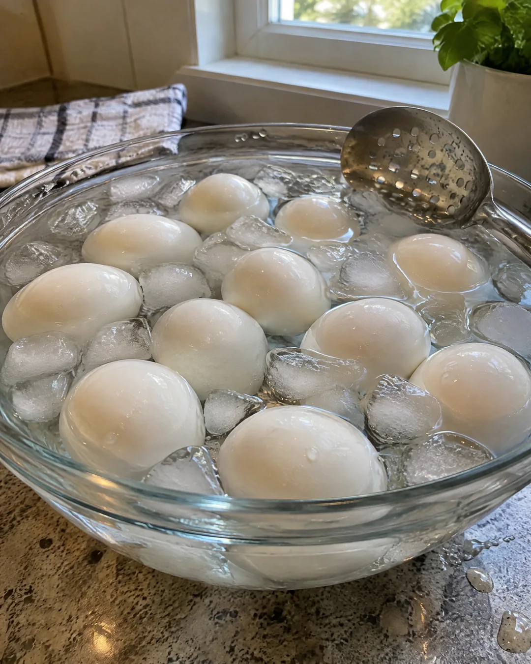Hard-boiled eggs cooling in a bowl of ice water