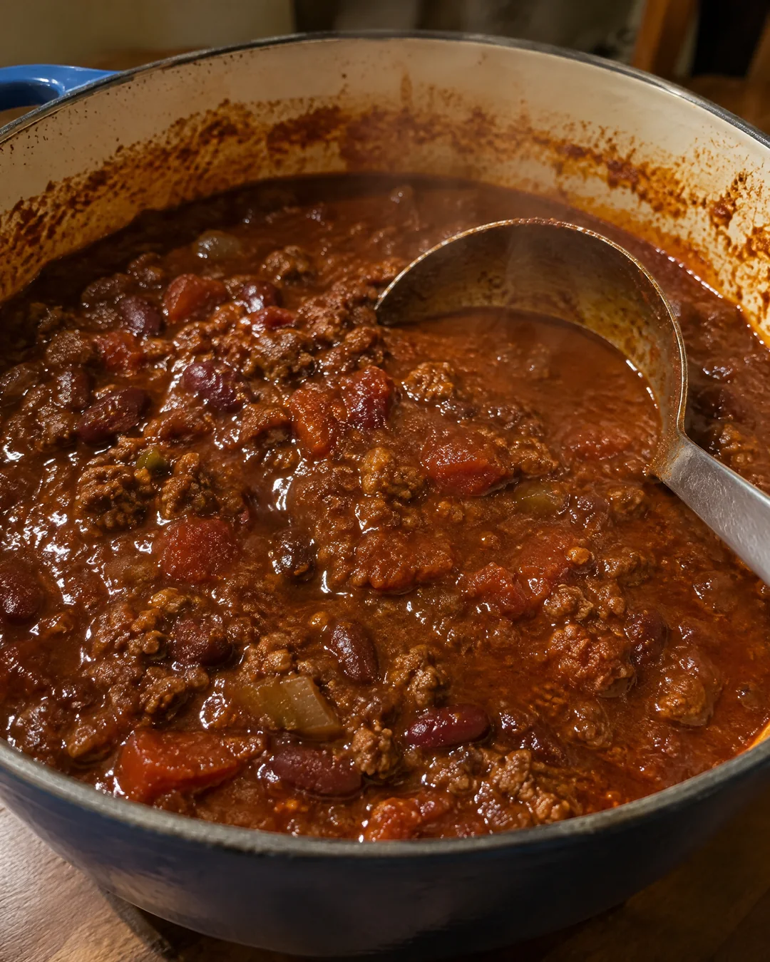 A pot of thick beef chili after two hours with a ladle resting in it