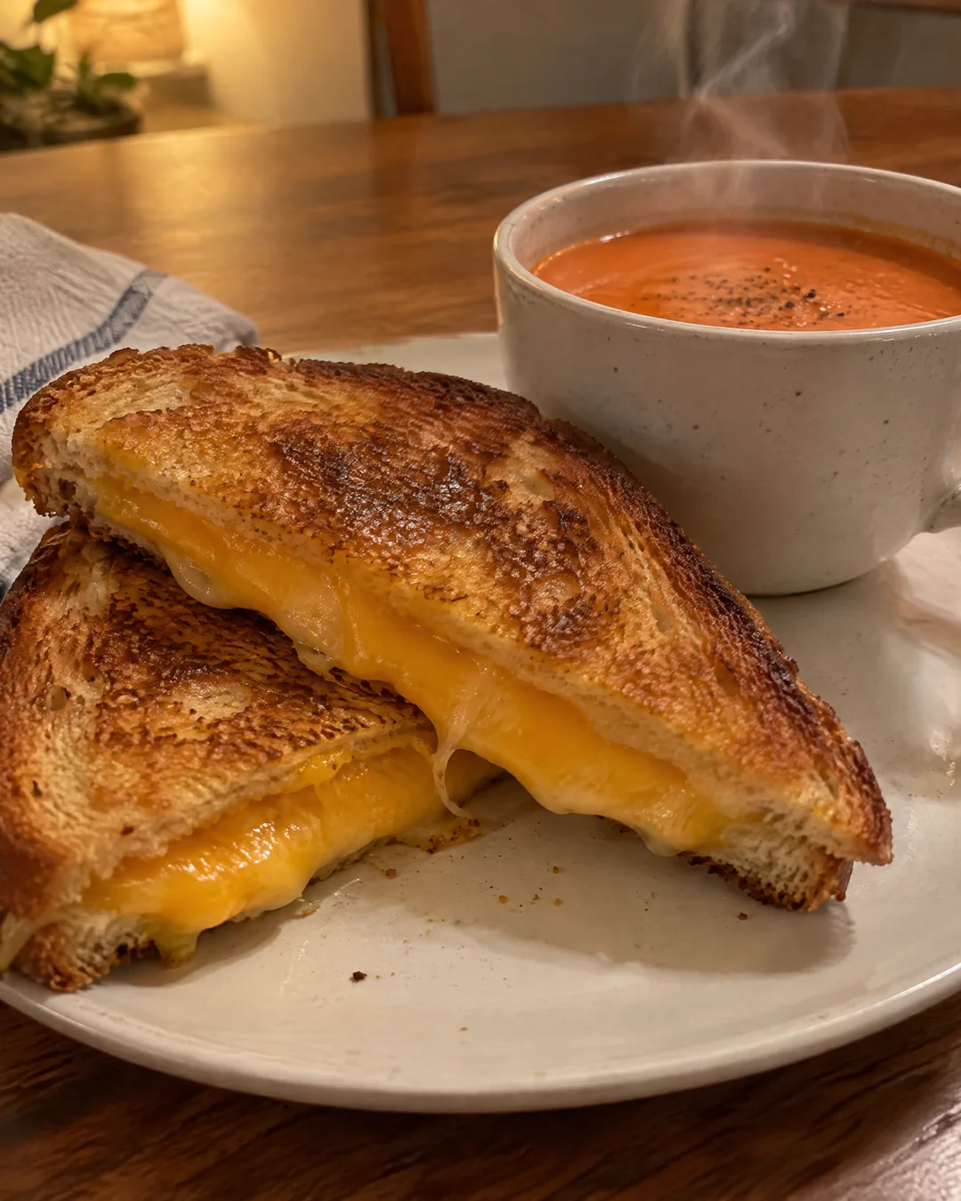 Grilled cheese triangles stacked beside a mug of tomato soup