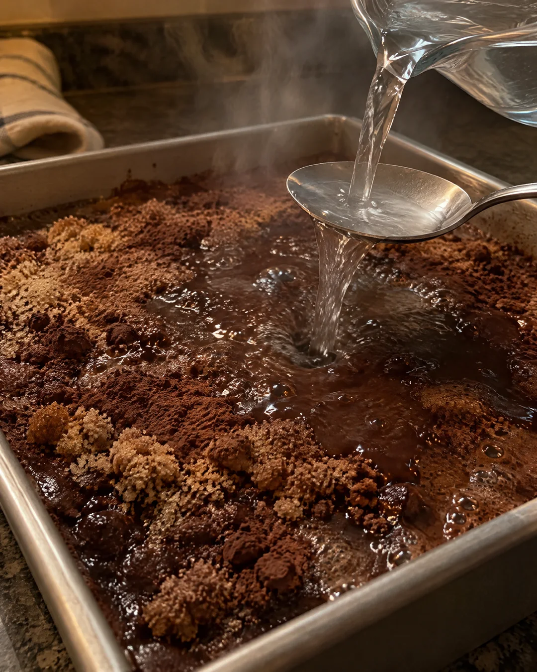 Hot water being poured over chocolate batter sprinkled with brown sugar and cocoa in a square pan