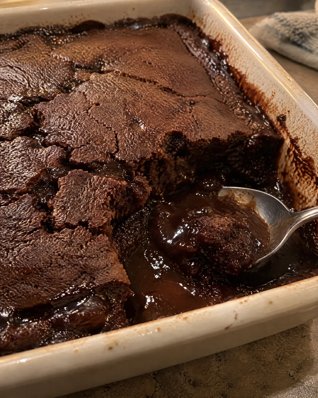 Baked hot fudge pudding cake with a cracked top and fudge sauce bubbling at the edge