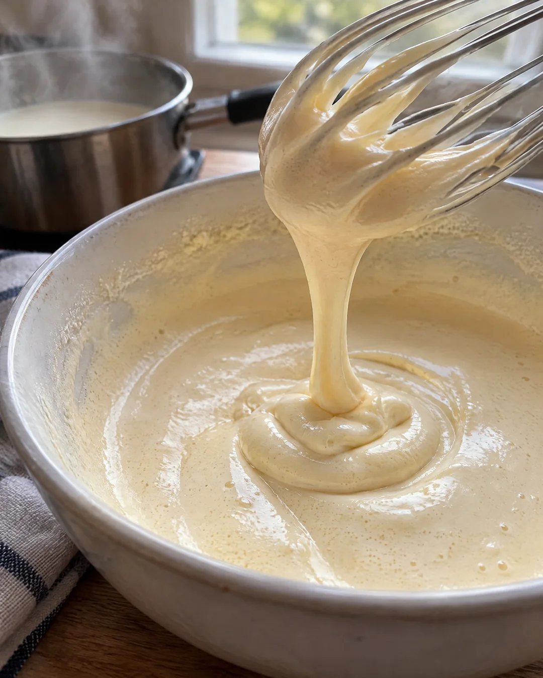 Thick pale eggs and sugar falling from a whisk in a ribbon for hot milk cake