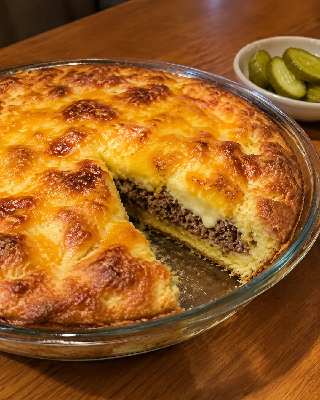 Baked impossible cheeseburger pie in its pie plate