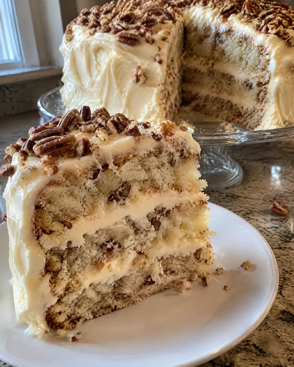 Italian Cream Cake with Coconut, Toasted Pecans and Cream Cheese Frosting