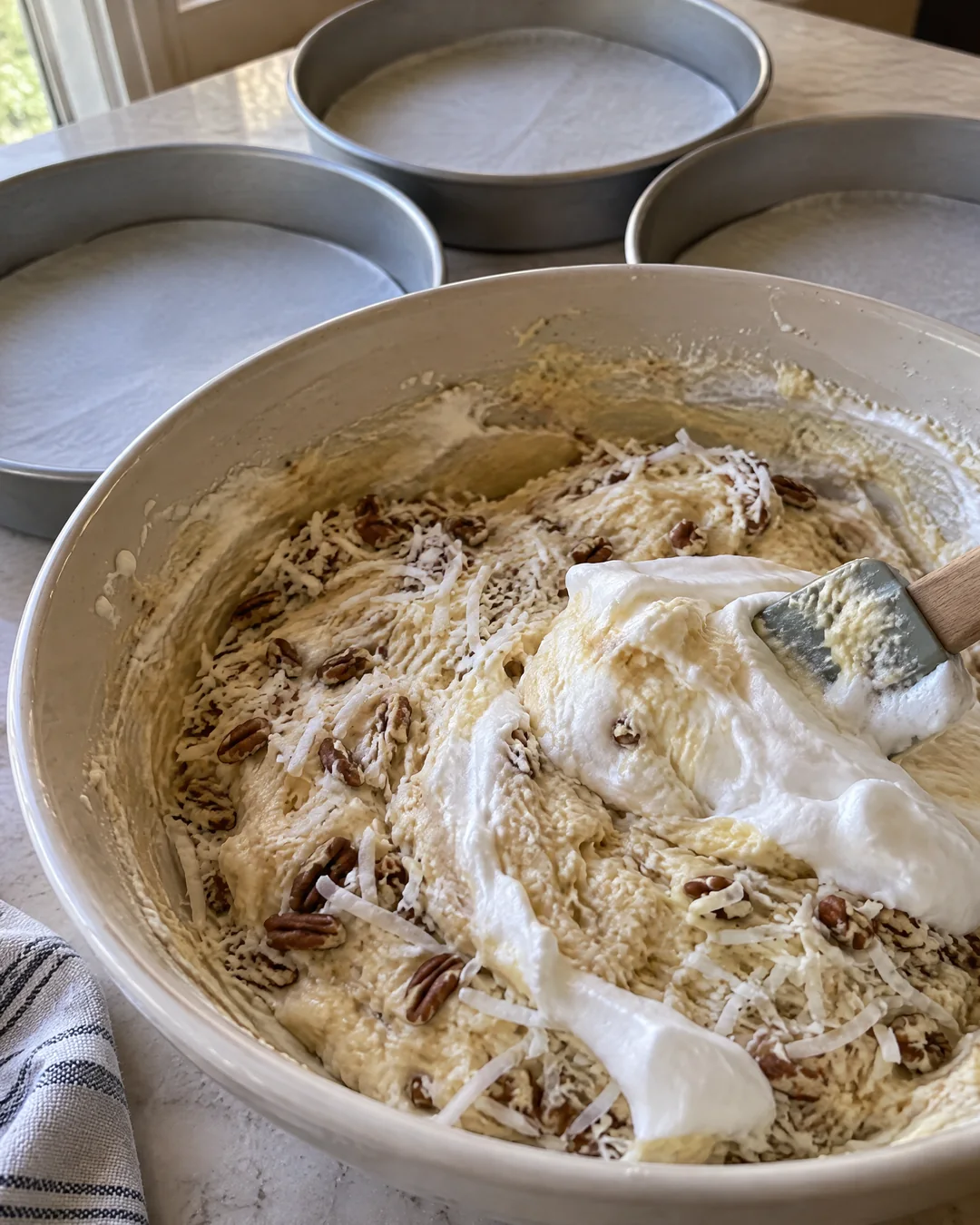 Beaten egg whites being folded into a coconut pecan cake batter
