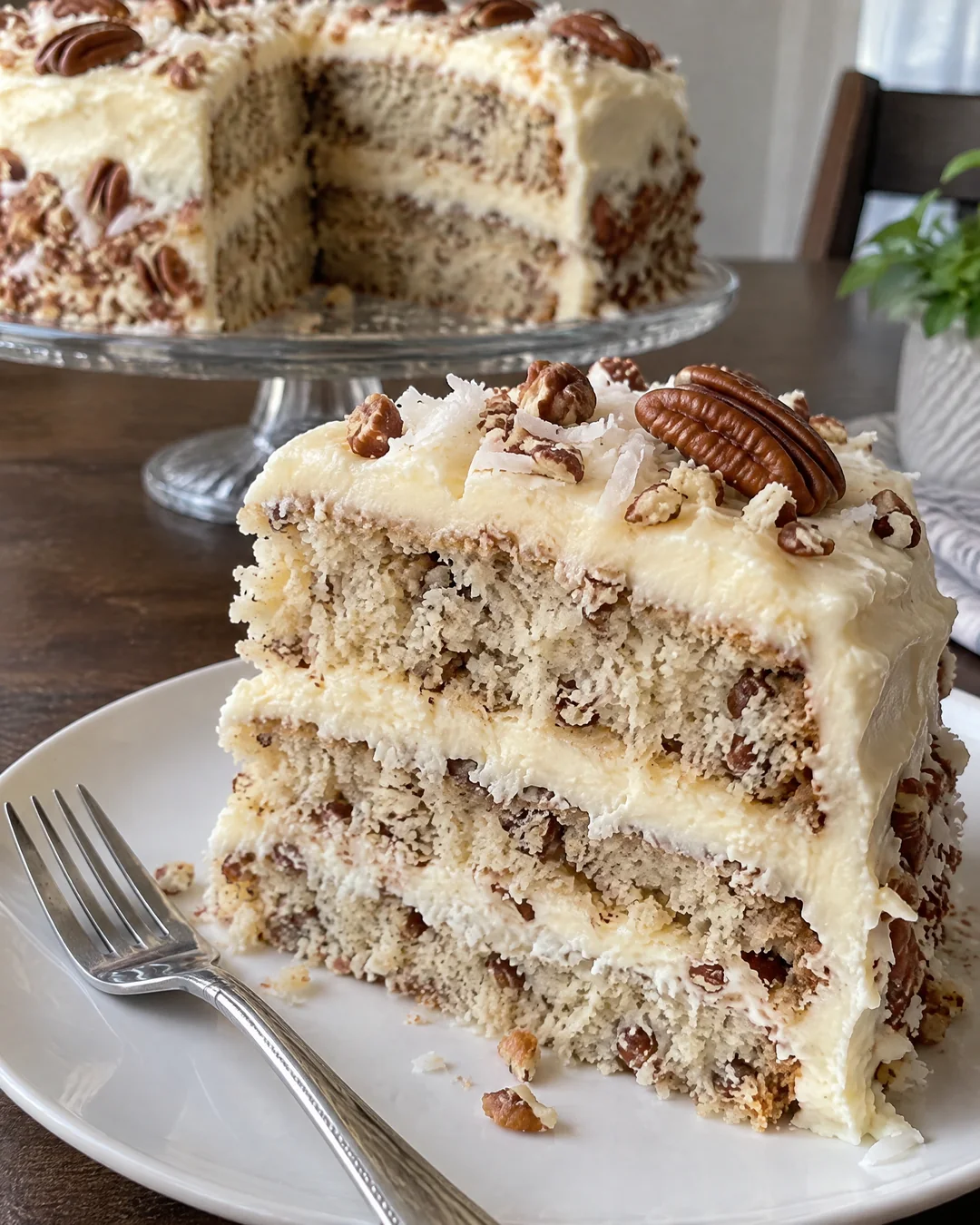 Slice of Italian cream cake showing three layers with coconut and pecans