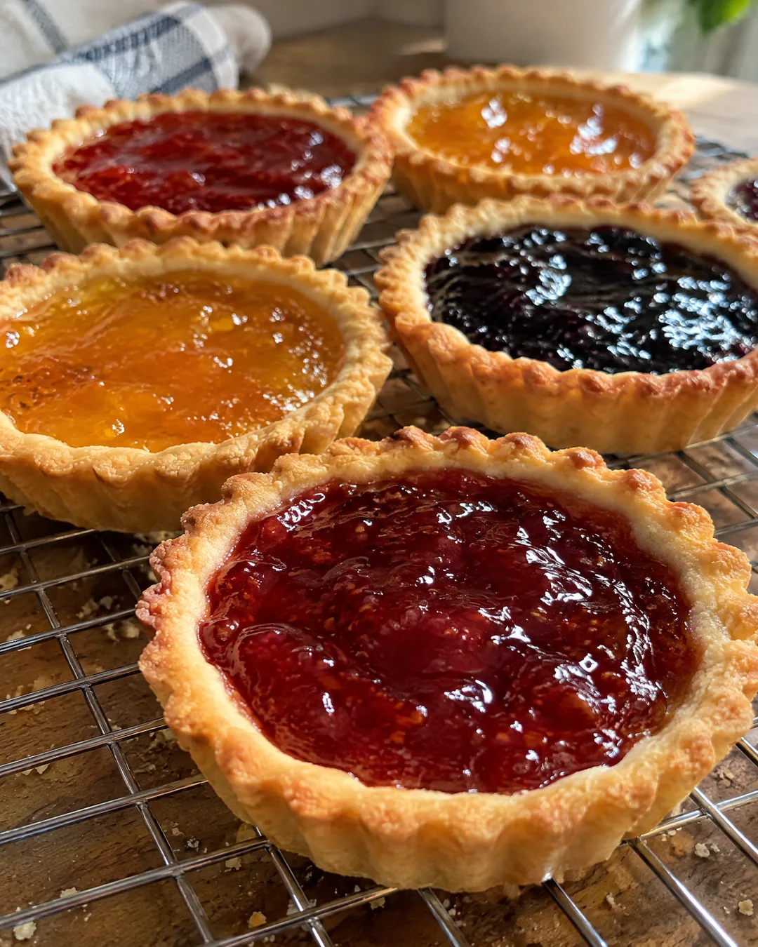 Baked British jam tarts cooling on a wire rack