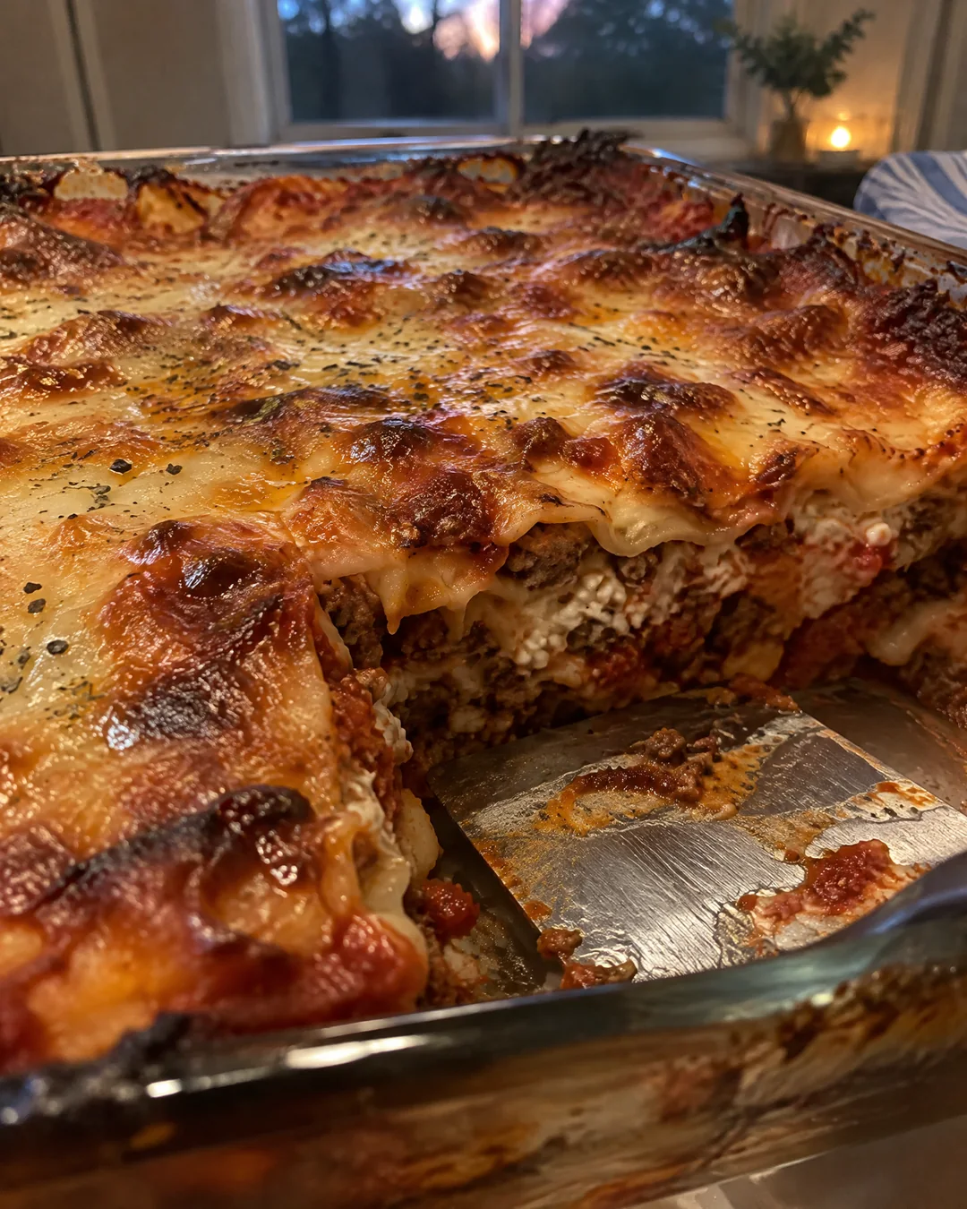 A baked lasagna in its dish with one square removed, showing the layers of noodles, meat sauce and cottage cheese