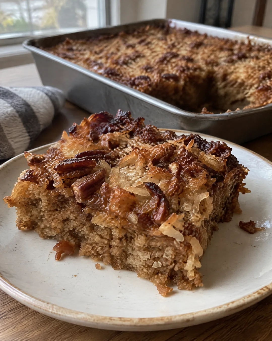 A square of lazy daisy oatmeal cake on a plate, the broiled coconut topping dark gold and bubbly over the moist brown crumb