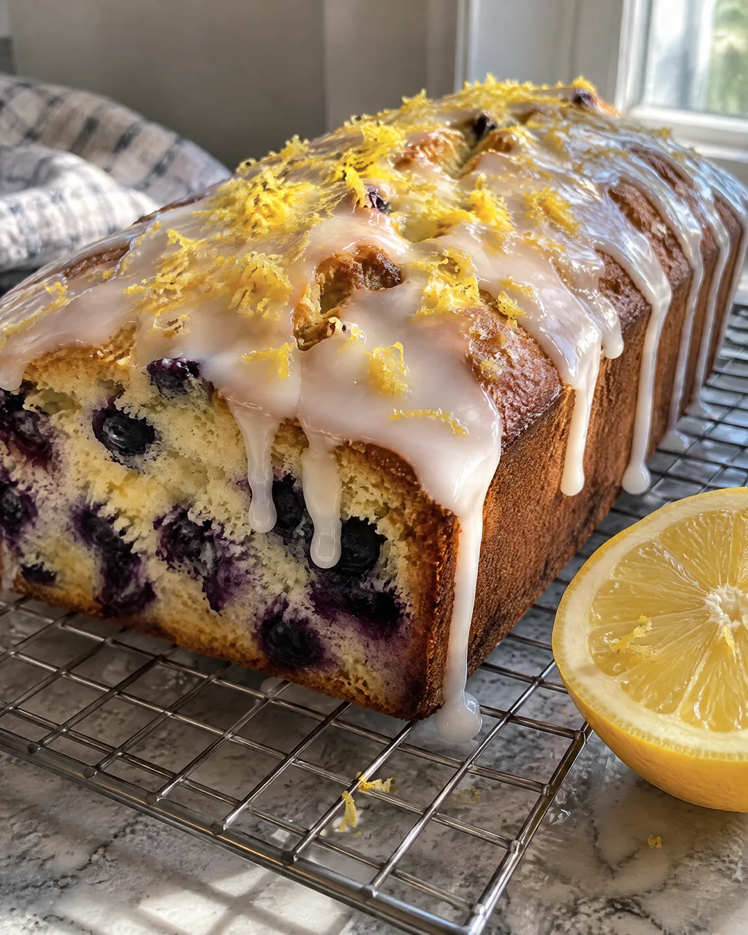 Thick lemon glaze running down a lemon blueberry loaf