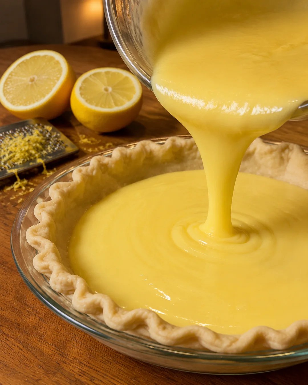 Lemon chess pie filling being poured into an unbaked crust