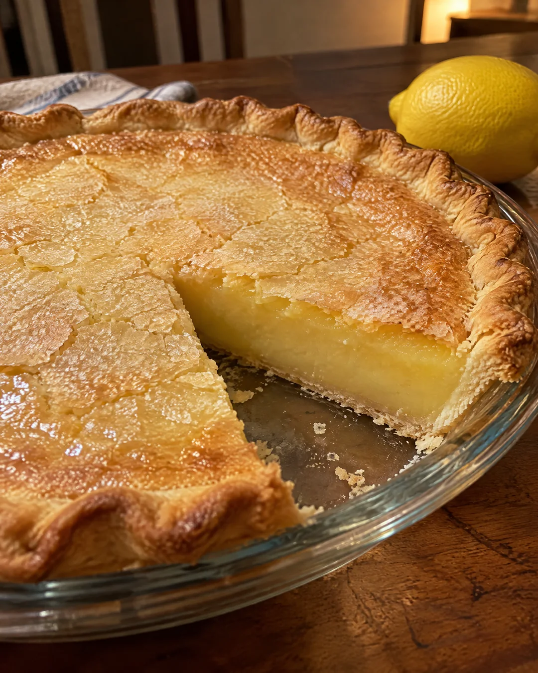 Whole baked lemon chess pie with a crackly golden top