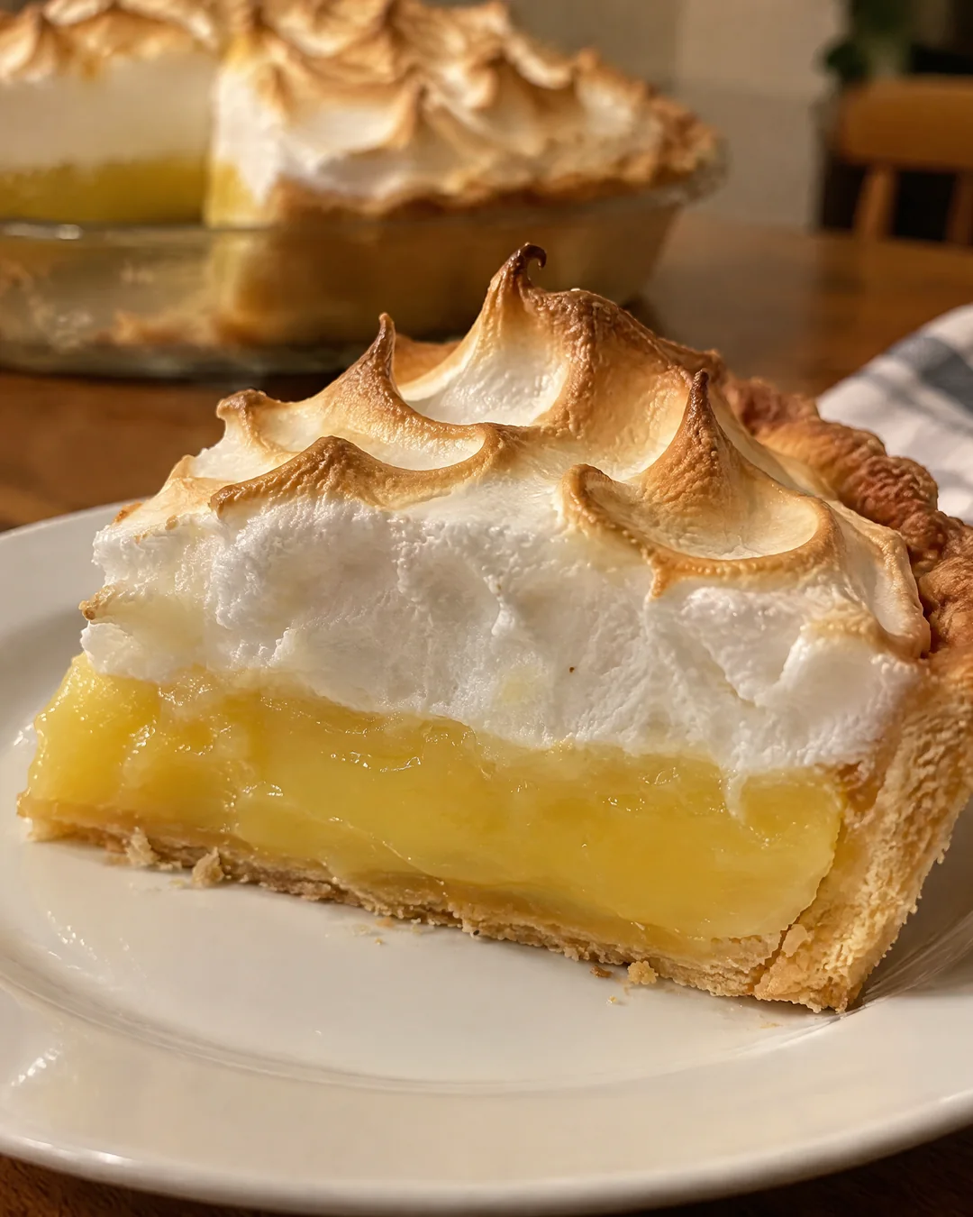 A clean slice of lemon meringue pie with tall golden meringue and no weeping