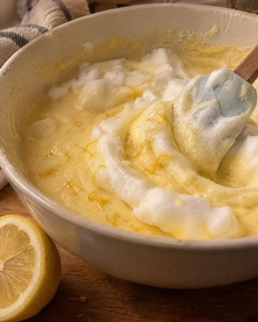 Whipped egg whites being folded into a thin lemon batter