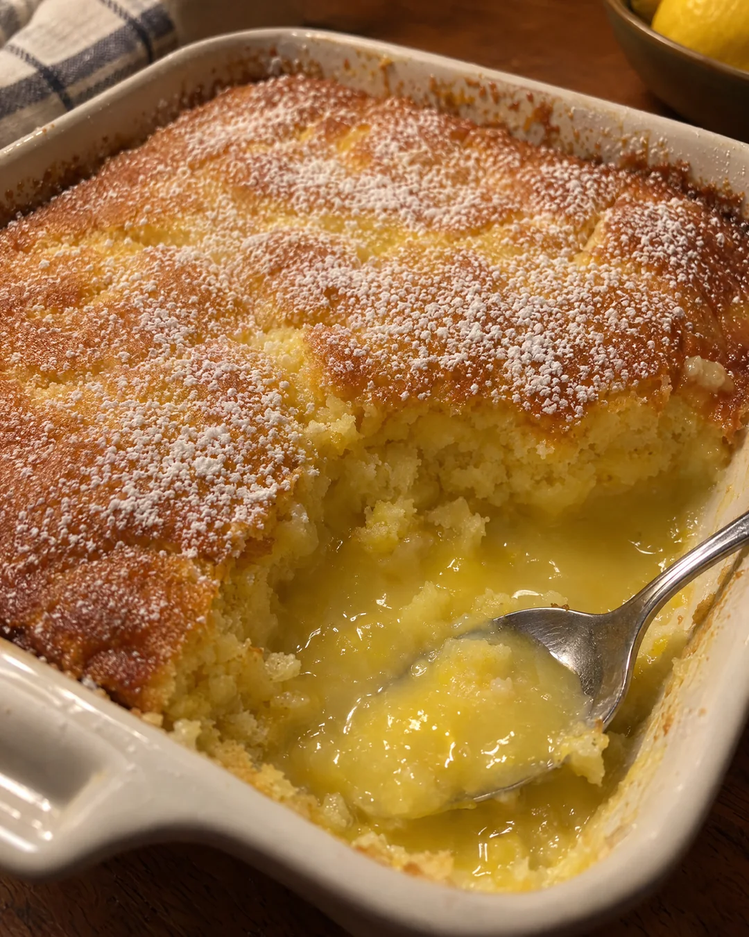 Lemon pudding cake in a baking dish with a scoop showing sponge and sauce