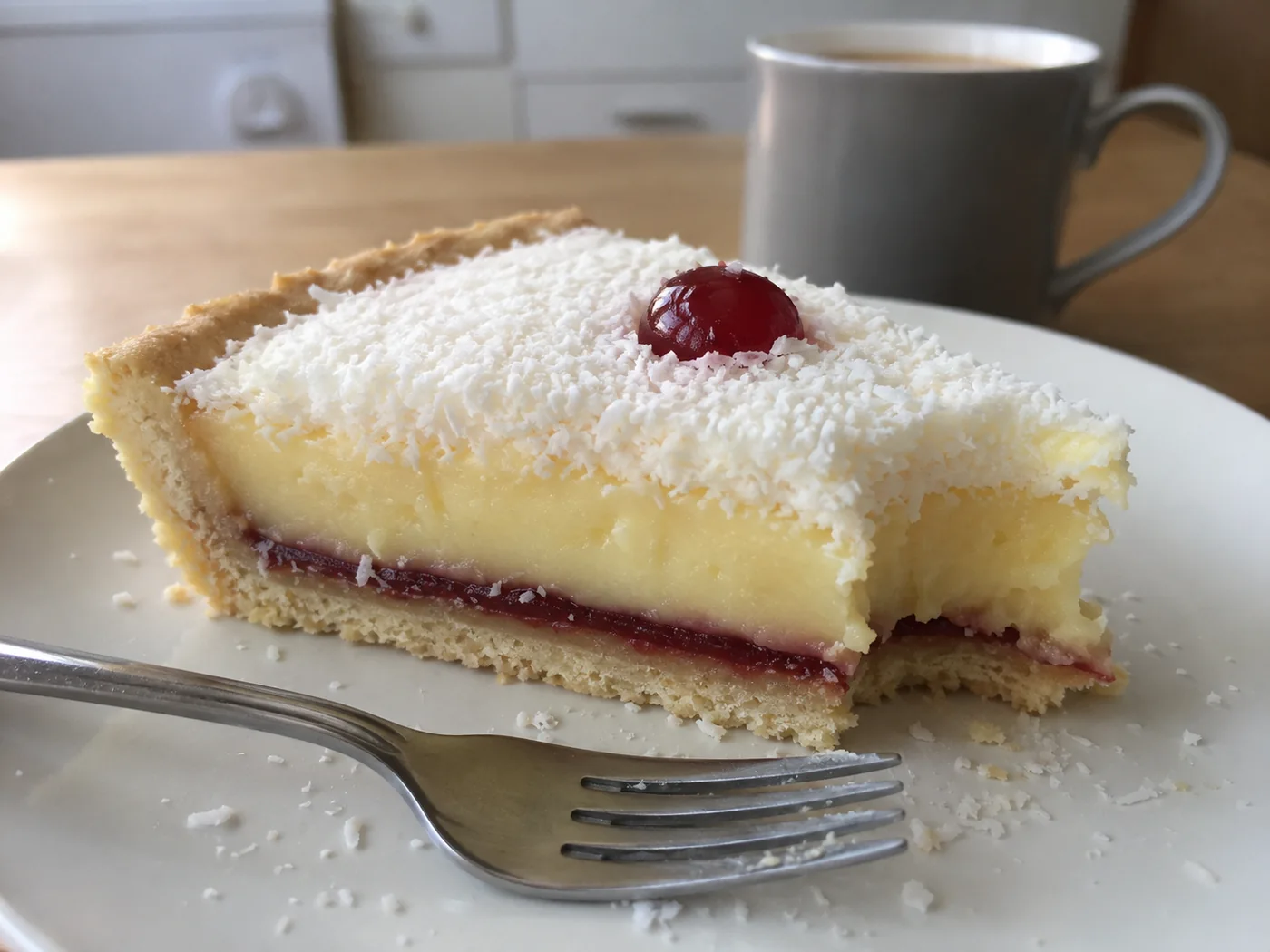 A slice of Manchester tart from the side, showing the pastry, raspberry jam, set custard and coconut layers