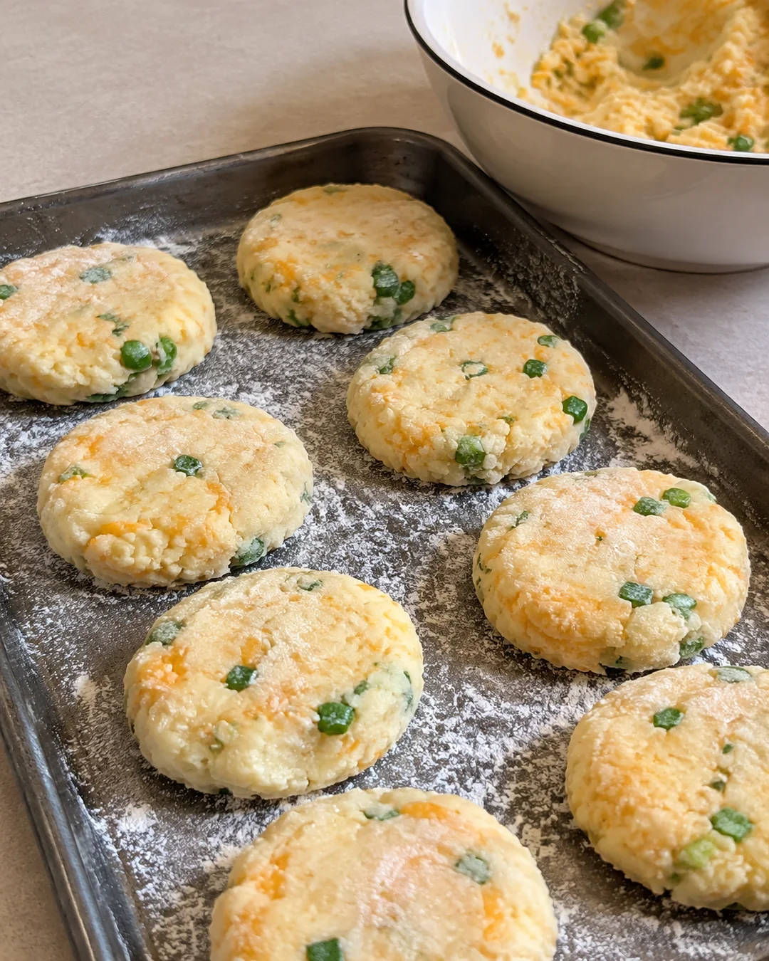 Shaped mashed potato pancakes ready to fry