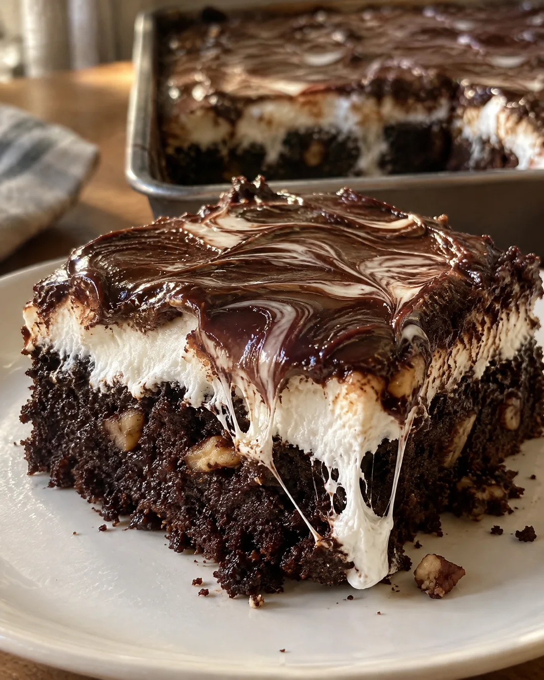 A square of Mississippi mud cake lifted from the pan, the marshmallow layer stretching under glossy cocoa icing