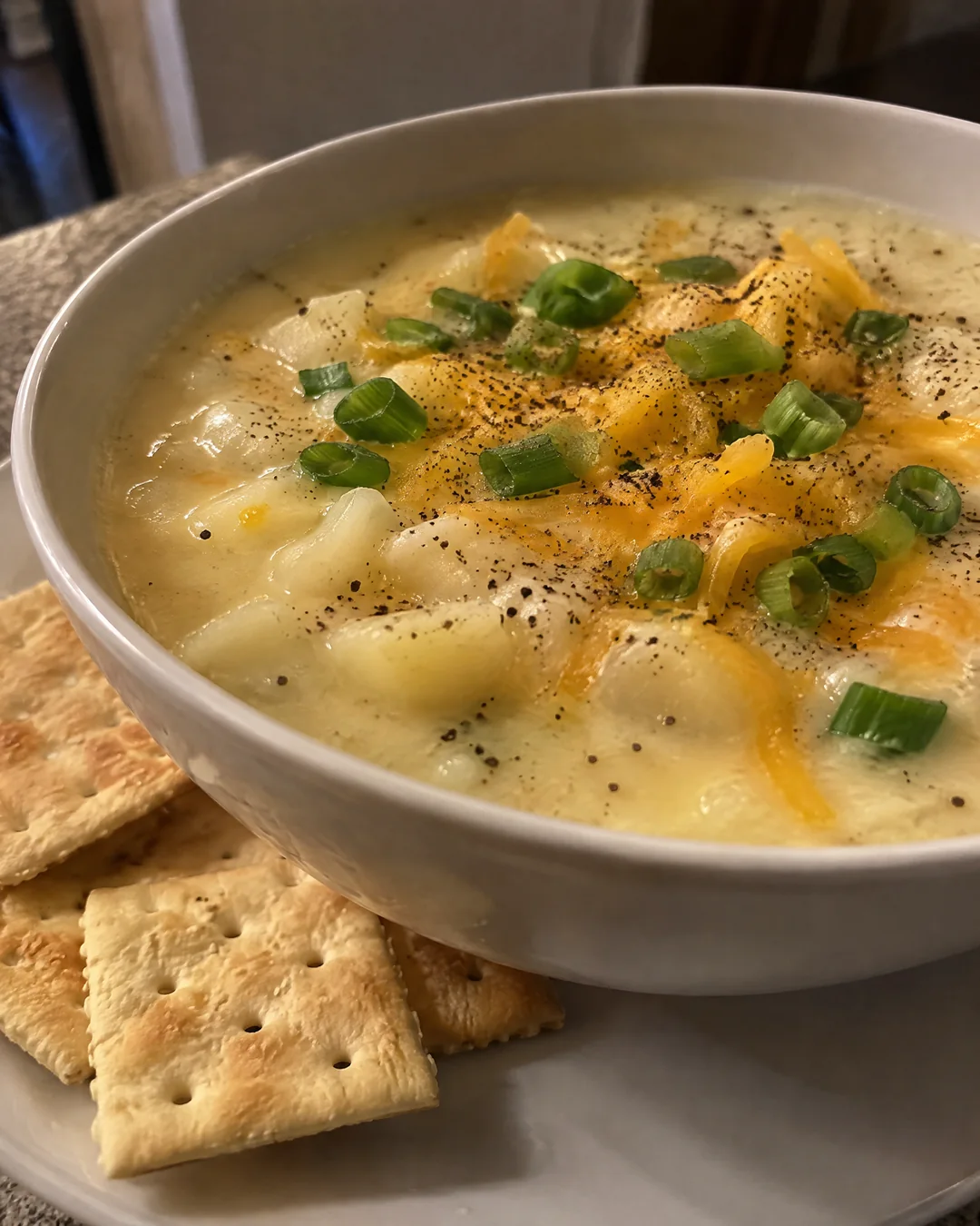 Bowl of potato soup topped with cheddar and green onions with crackers