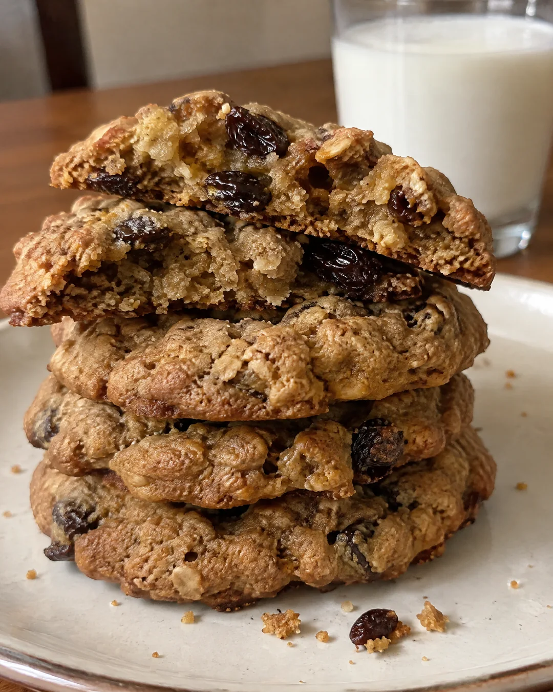 Stack of thick chewy oatmeal raisin cookies with one broken to show the soft center