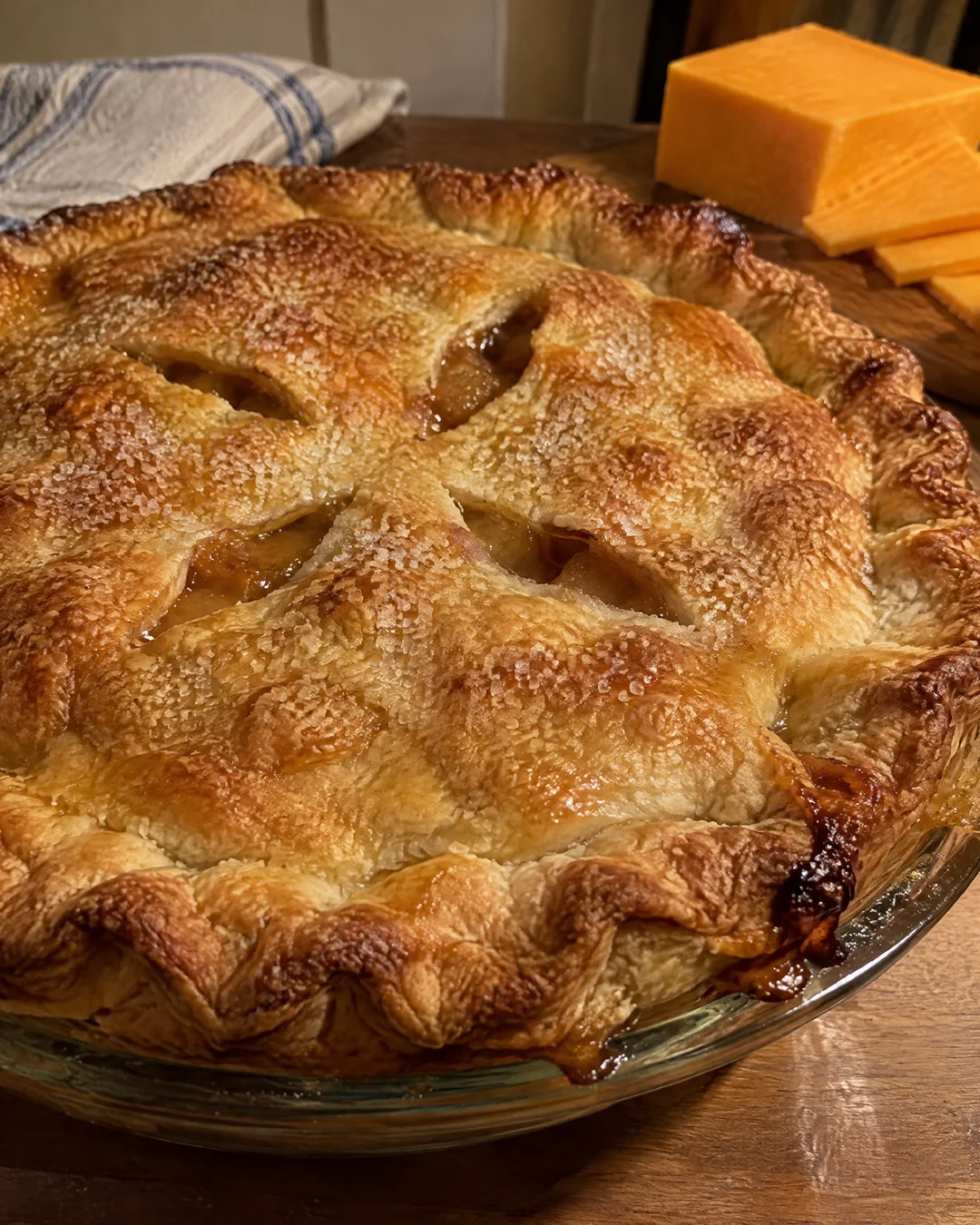 A baked double crust apple pie with thick juice bubbling through the slits