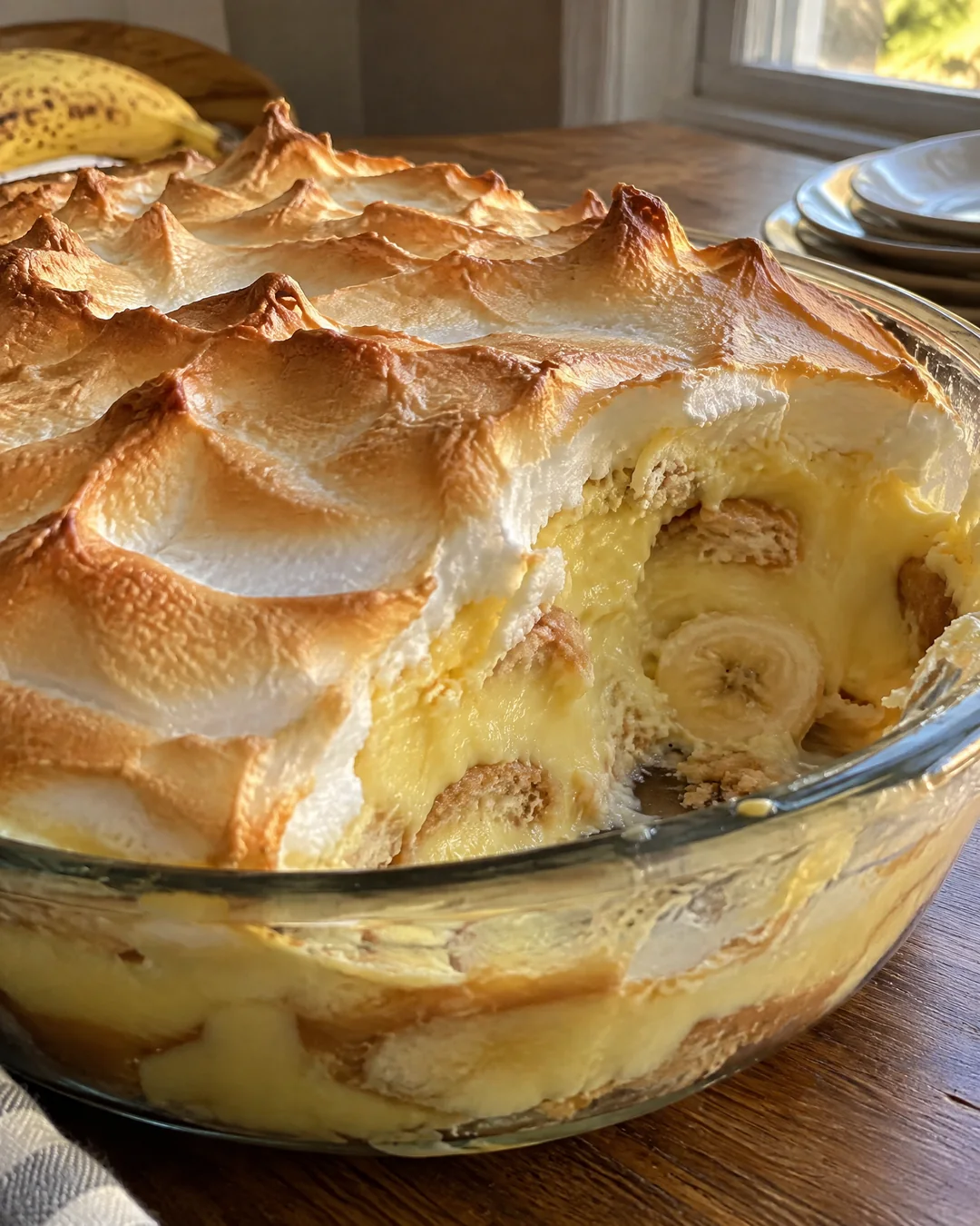 A whole baked banana pudding with golden meringue peaks and one scoop taken out to show the layers