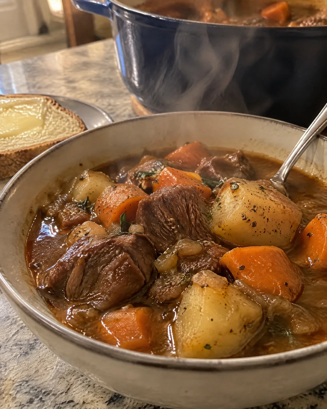 A deep bowl of old-fashioned beef stew, big dark chunks of beef with soft carrots and potatoes in a thick brown gravy, steam rising, buttered bread at the edge