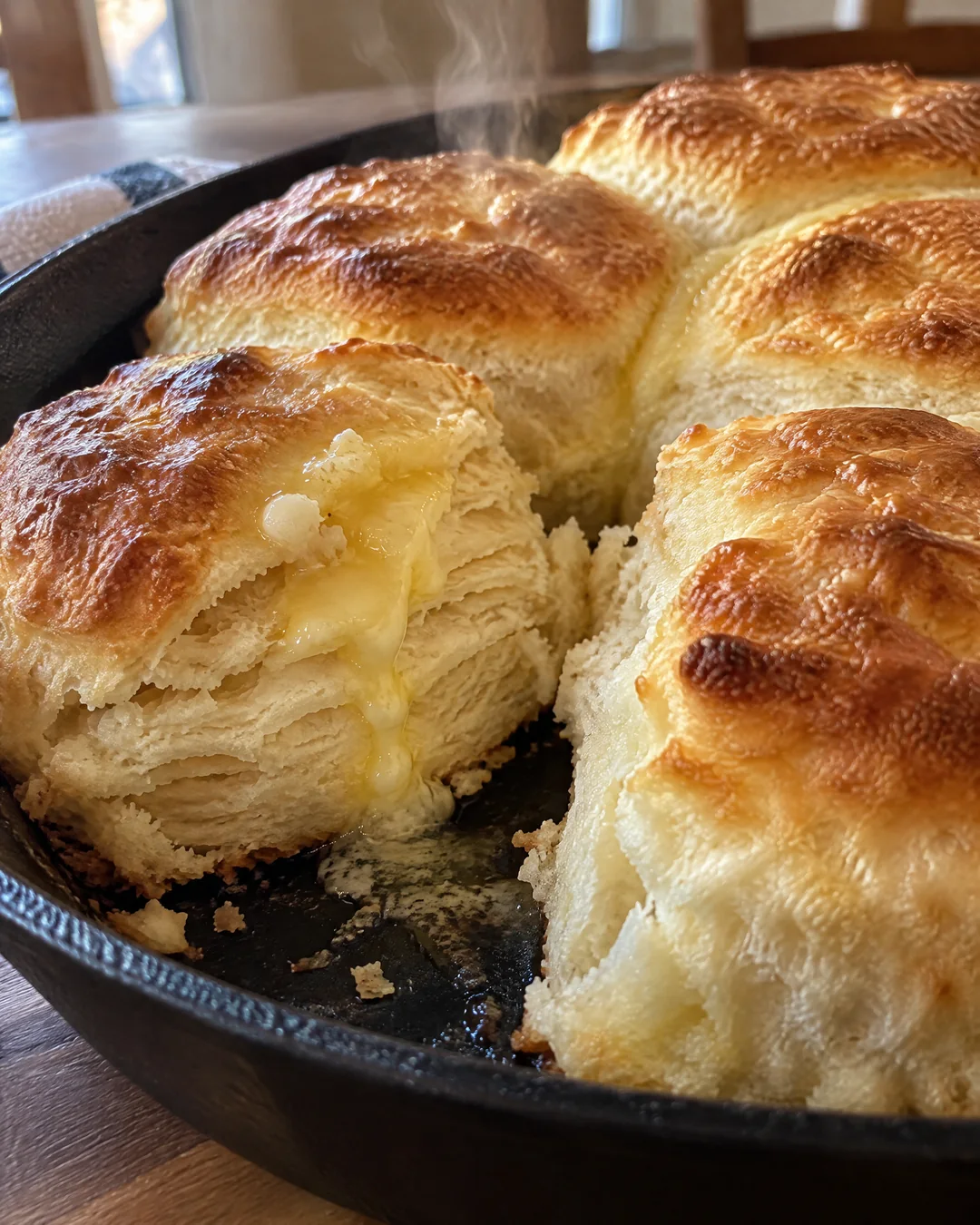 Tall golden buttermilk biscuits baked touching in a cast iron skillet, one pulled apart showing flaky layered sides