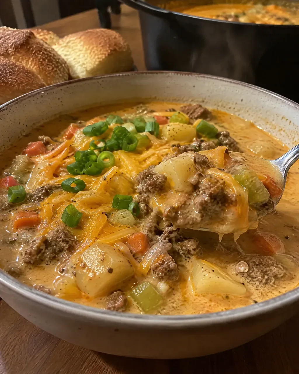 Old-Fashioned Cheeseburger Soup (Ground Beef, Potatoes and a Smooth Cheddar Broth)