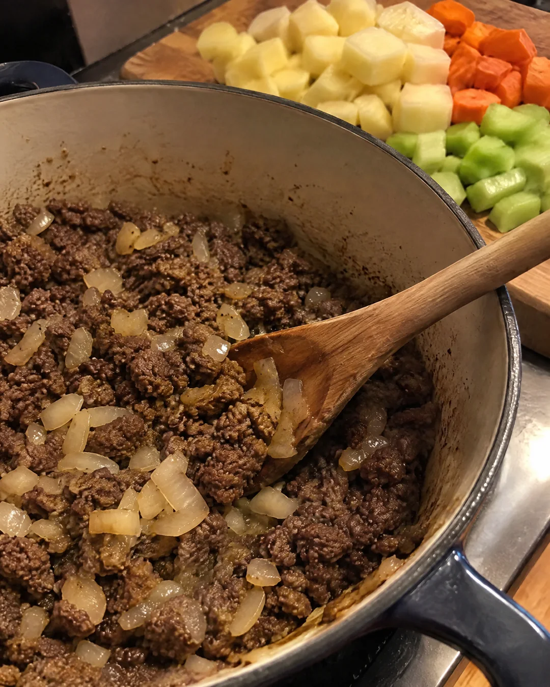 Browned ground beef and onion in a soup pot