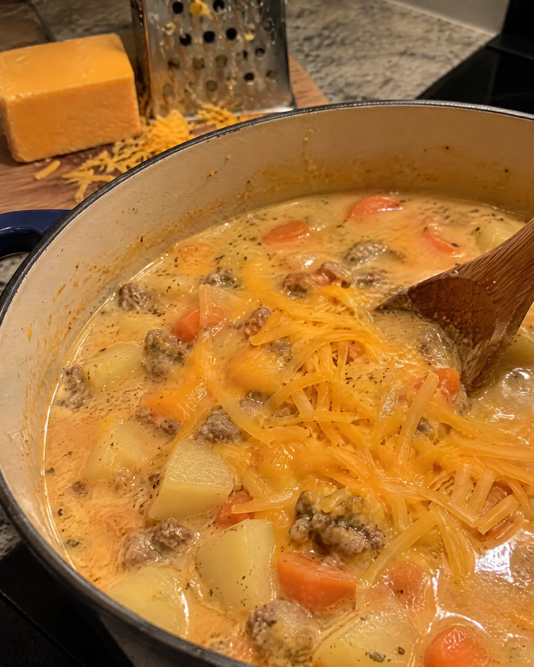Grated cheddar being stirred into creamy soup